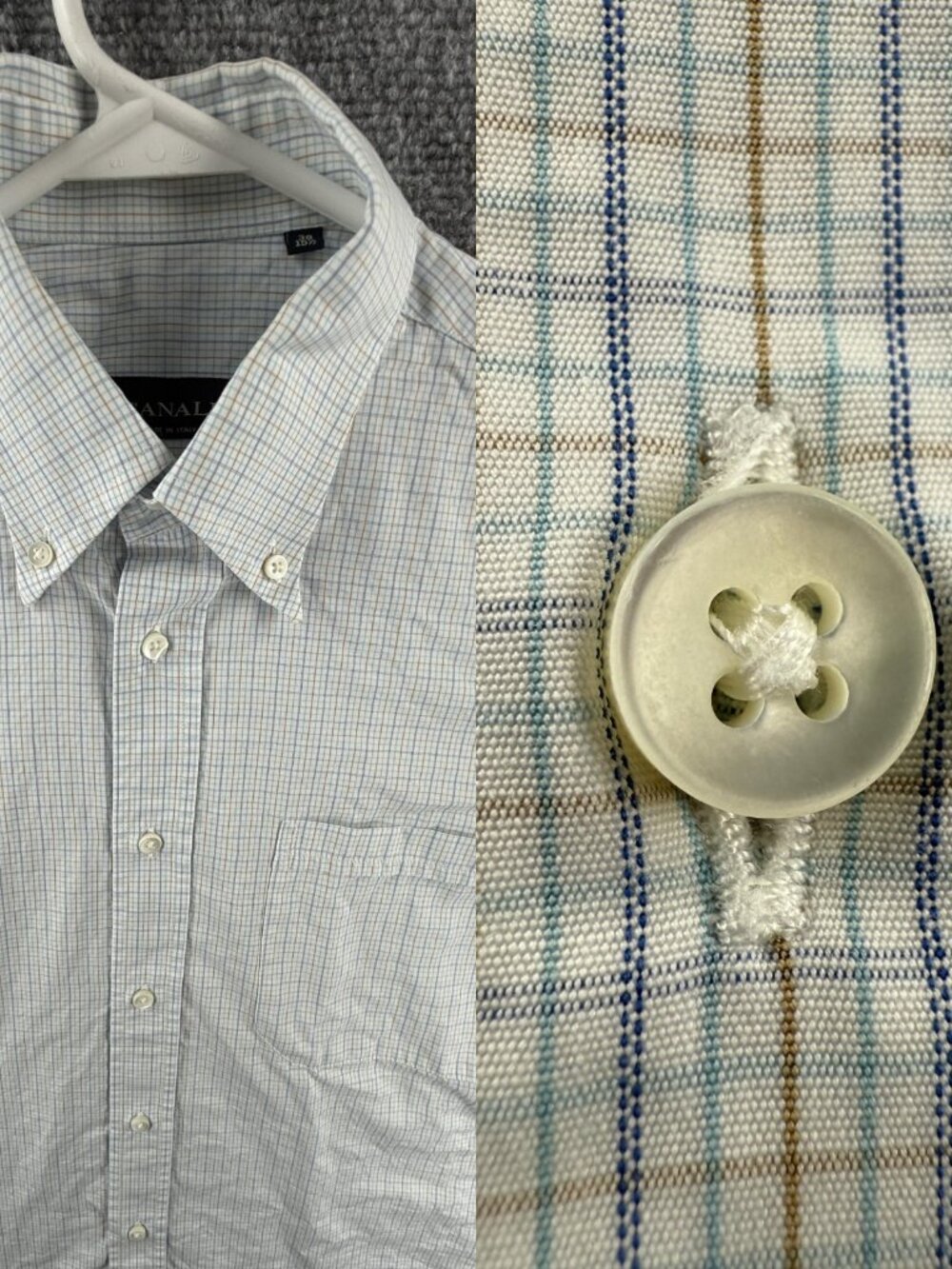 Canali Blue Brown Cotton 15.5 Button-Down Italy Check Shirt Pocket Long Sleeve